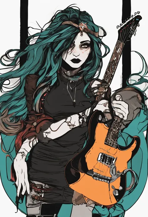 Gothic girl in her 20s, magra, com um lado do cabelo preto raspado com uma guitarra flying v nas costa, num estilo arte digital rpg