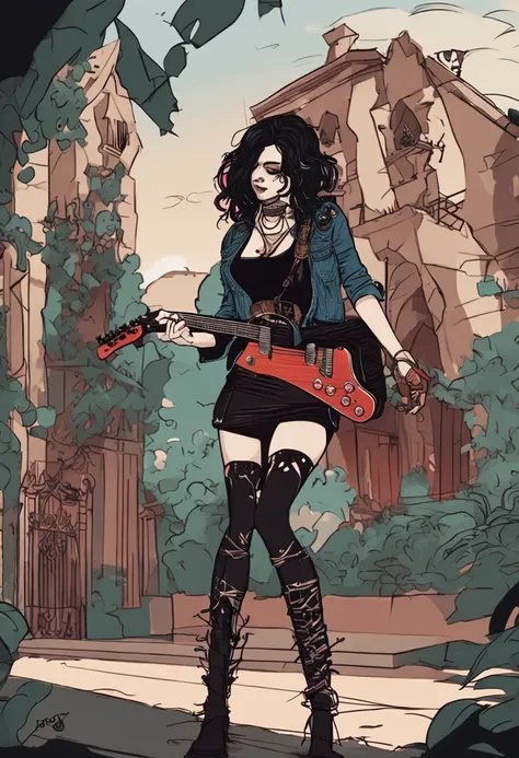 Gothic girl in her 20s, magra, com um lado do cabelo preto raspado com uma guitarra flying v nas costa, num estilo arte digital rpg