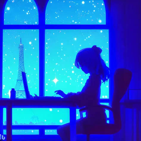 there's a woman sitting at a desk with a laptop in front of a window, anime aesthetic, com luz azul dentro, arte de fundo do ani...