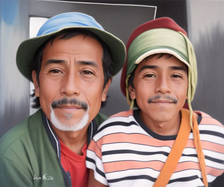 There is a man and a boy wearing hats, ivan bolivian, el chavo, jose miguel roman frances, foto realista, el chavo del ocho, Arte digital pero foto, fotosesperadas, castigo samaniego, with a boy, Retrato de la vida real, Quechua!!, Una foto coloreada, Retr...