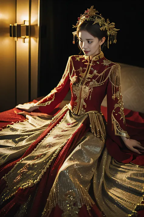 A woman in a red and gold dress，Phoenix crown