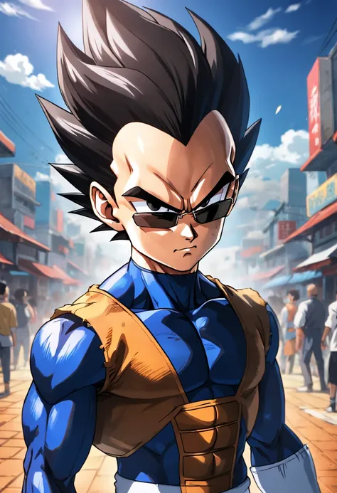 "a detailed artwork of Vegeta in black spy clothes and wearing sunglasses on his face with a serious expression, Dragon ball z, 4k, Full HD, corpo inteiro, inspirado em Akira Toriyama, Estilo de arte de Dragon Ball, estilo de desenho hiper-realista, arte d...