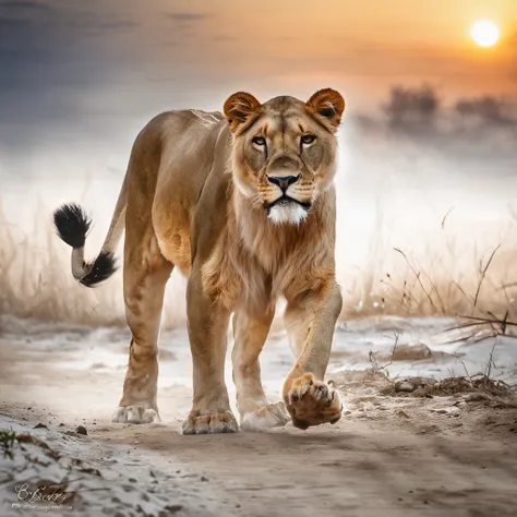 One lion, Uma sombra em Forma de andador, Noite estrelada, Thick fog on the ground, Luz azul no horizonte, Motor Unreal 5, cinemactic, Low-angle photography, motion blur, proFundidade de campo, dust, Cobblestones and dirt. arte splash, pingando tinta. Perf...