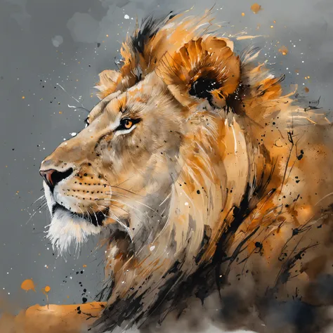 One lion, Uma sombra em Forma de andador, Noite estrelada, Thick fog on the ground, Luz azul no horizonte, Motor Unreal 5, cinemactic, Low-angle photography, motion blur, proFundidade de campo, dust, Cobblestones and dirt. arte splash, pingando tinta. Perf...