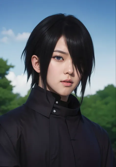 real Life adaption of this character,his name is Sasuke uchiha from anime naruto ,hyper realistic,detail realistic hairstyle ,(1 eye covered by hair), high resolution, photorealistic,very detailed,realistic outfit Black robe ,((korean teen handsome)) ,deta...