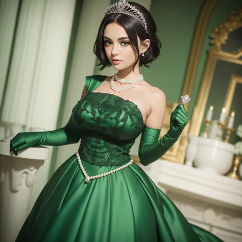 bride，sense of atmosphere, best qualtiy，tmasterpiece，1girll，30-years old，green dress，chies，full body esbian, green gloves，with s...