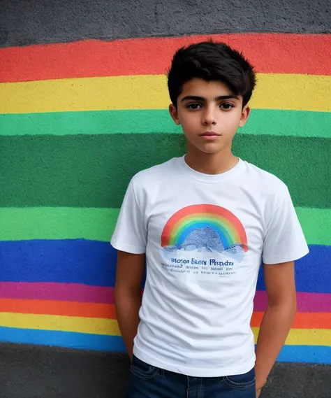 18 year old, slender, mexican, boy, rainbow picture, shirt