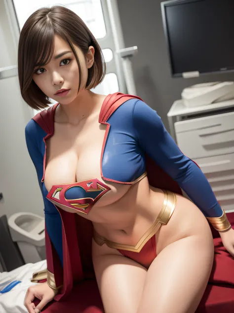 ​masterpiece,Supergirl Costume, short-hair, bare-legged, large full breasts,surgery room、Operating table、straddle、depraved、shiny、Looking at the camera、Provocation