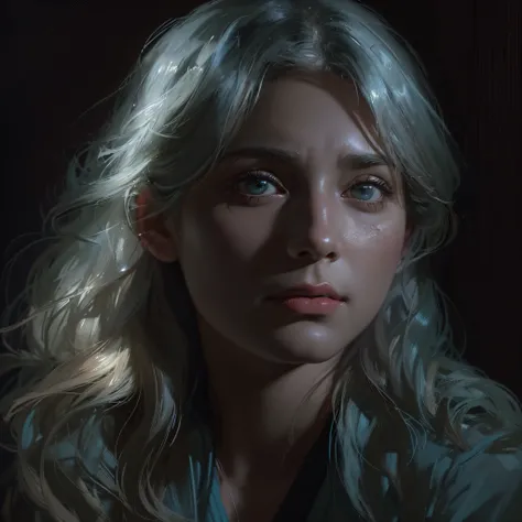 (front focus), (in the dark:1.6), Hyperrealist portrait of female by david hockney and alphonse mucha, fantasy art, photo realistic, dynamic lighting, artstation, poster, volumetric lighting, very detailed faces, 4 k, award winning, 1girl, in the dark, dee...