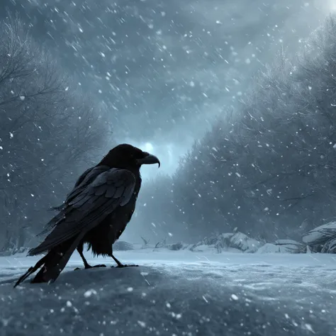 Best quality, Masterpiece, hundreds of frost raven fly from a man, snow land, high resolution, (photograph realistic:1.4), surrealism, Dream-like,fusionart, Shadowdancer, shadow magic, darkness control, stealth, shadowstep, umbral spells, hidden blade,