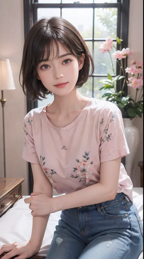 (Masterpiece)、(Photorealsitic、Raw photography、top-quality: 1.4)、(1womanl)、((Floral T-shirt))、((In jeans))、beautiful expression、((A slight smil))、(A dark-haired、short-hair:1.3)、Beautiful hairstyle、realisticeyes、Beautiful details、（real looking skin）、Beautifu...