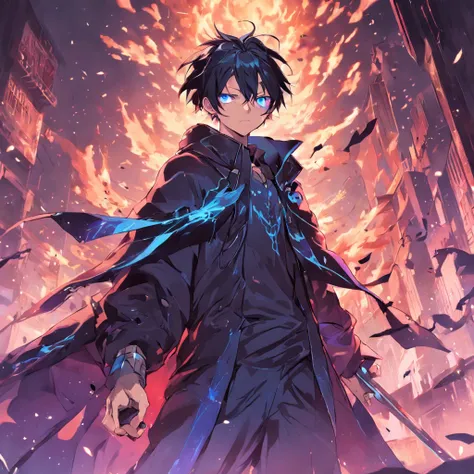 a guy named Ying, a Chinese, behind him is a city ravaged by smoke and fire, anime character with a purple cape and a black cape on, badass anime 8 k, trigger anime artstyle, tall anime guy with blue eyes, carrying 6 arrows on his back, detailed key anime ...