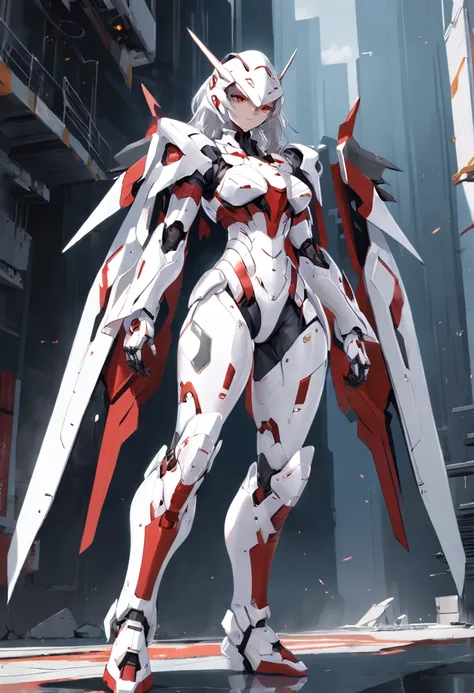 Wearing a white cloak、Black and red Arad woman, in white futuristic armor, glossy white armor, streamlined white armor, White armor, full body mecha suit, Armor Girl, ferra white mecha, female mecha, Mecha suit, full body concept, thicc, inspired by Krenz ...