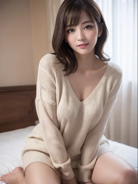 masutepiece, Best Quality, Photorealsitic, finely detail, hight resolution, 8K Wallpapers, Perfect dynamic composition, Beautiful detailed eyes, Medium short wavy hair, Random and sexy poses,Random situations、middlebreasts、(Tight sheer sweater 1.5)、(Sit wi...