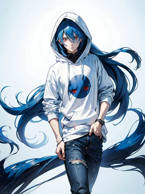 1men, long blue hair,red eyes, wearing plain white hoodie, black jeans, white background, absurdres, high res, ultrasharp, 8K, masterpiece, looking at viewer