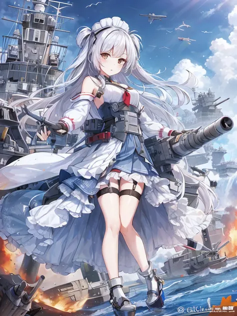 A woman in a white dress holds a gun，Stand on a battleship, Kantai collection style, kancolle, azur lane style, konpeki no kantai,  girls frontline style, from girls frontline, girl with warship parts, 4k manga wallpapers, HD anime wallabies 3D