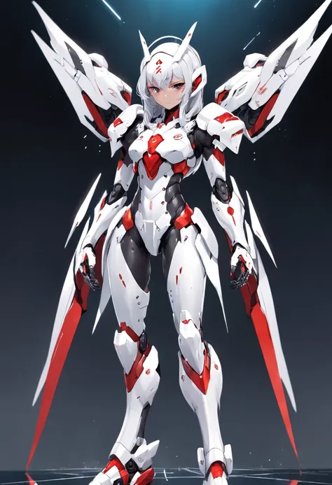 Wearing a white cloak、Black and red Arad woman, in white futuristic armor, glossy white armor, streamlined white armor, White armor, full body mecha suit, Armor Girl, ferra white mecha, female mecha, Mecha suit, full body concept, thicc, inspired by Krenz ...