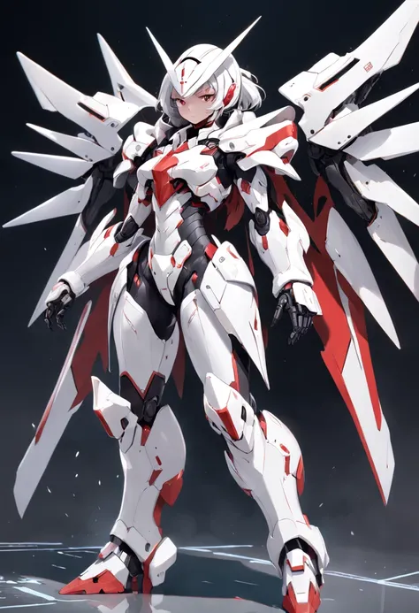 Wearing a white cloak、Black and red Arad woman, in white futuristic armor, glossy white armor, streamlined white armor, White armor, full body mecha suit, Armor Girl, ferra white mecha, female mecha, Mecha suit, full body concept, thicc, inspired by Krenz ...