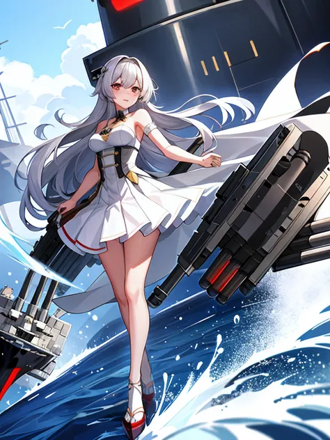 a woman in a white dress holds a gun，stand on a battleship, an anime drawing by shitao, pixiv contest winner, auto-destructive a...