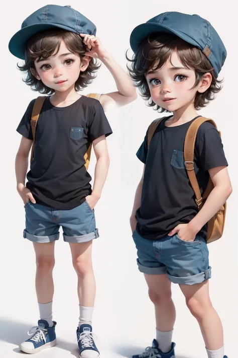 little male explorer, cheerful, in various positions and expressions on a white background, illustration style for a childrens book, simple, cute, 11 years old, very short dark brown hair, no glasses, full body, wearing blue denim shorts, shirt short-sleev...