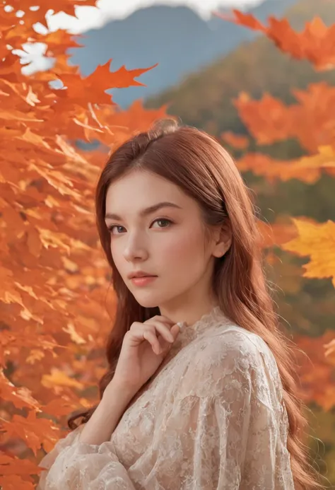 (beautiful skyline, magnificent sky), (dramatic and dramatic graphics, moving visuals), (hanging north star, colorful natural light), (an 18-year-old beautiful girl, bust), (casual dress, with backpack), (Canadian orange maple leaf mountain background))