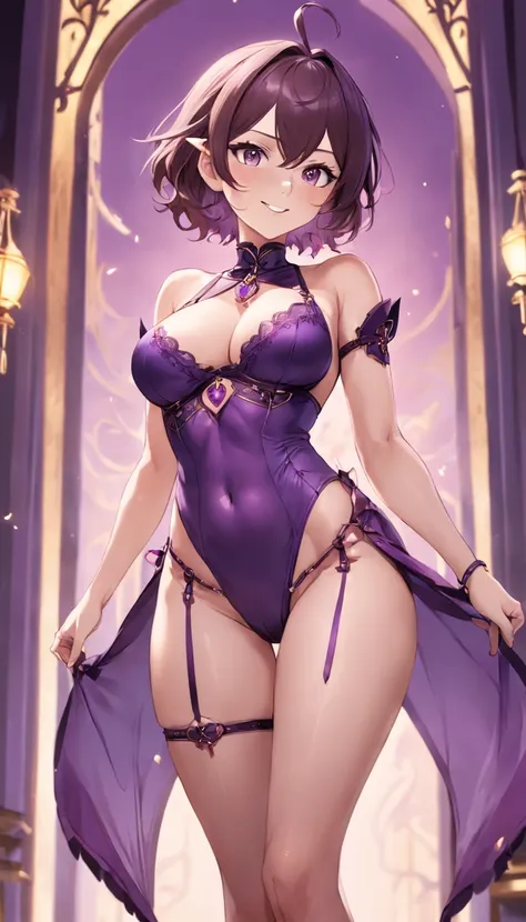 (((NSFW))), a stunning magica fantasy full-body portrait of a busty woman in dark purple racy sexy lingerie, wearing a garter belt, aged 27, emphasizing feminine features Plunging neck Lines, Slender Body, Small Ears, Brown Hair, Short Wavy Hair, Smiling H...