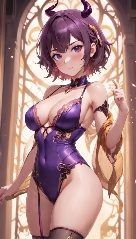 (((NSFW))), a stunning magica fantasy full-body portrait of a busty woman in dark purple racy sexy lingerie, wearing a garter belt, aged 27, emphasizing feminine features Plunging neck Lines, Slender Body, Small Ears, Brown Hair, Short Wavy Hair, Smiling H...