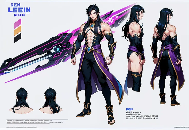 1boy, single, asian boy, reference sheet, oerfect face, hansome face, character design, front angle, side angle, rear angle, dynamic poses, (masterpiece:1.2), (best quality:1.3), 1.85 tall, shaved, ice fantasy outfit, muscle body, athletic body. (Purple ey...