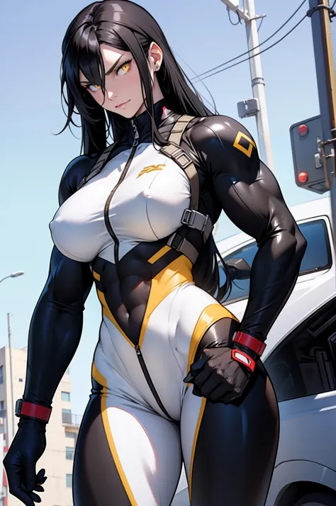 1 girl, black hair, yellow eyes, very long hair, pale skin, curvy, (((extremely muscular))), perky breasts, smug, bodysuit