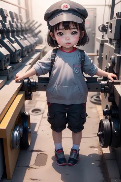 A cute 3 year old girl in China， Wear a cap，Gray tooling，Gray trousers，Lathe operation，Workshops, Workshops，assembly line，Black hair， adolable， with brown eye，by Pixar, tchibi，frontage，Full body portrait