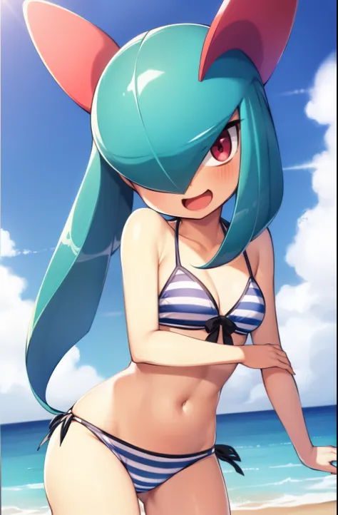 obra maestra, mejor calidad, 1 girl in, solo, kirlia, cabello azul, shiny kirlia, ojos rojos, en un yate, riendo, bikini, bikini de dos piezas, senos grandes, senos femeninos grandes y redondos, embarazada, bikini rojo.