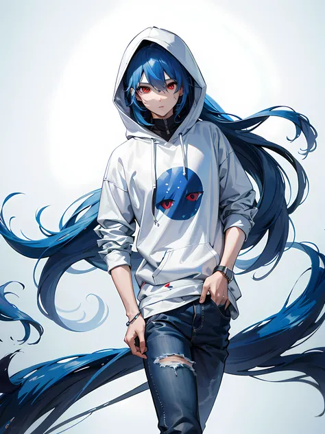 1men, long blue hair,red eyes, wearing plain white hoodie, black jeans, white background, absurdres, high res, ultrasharp, 8K, masterpiece, looking at viewer