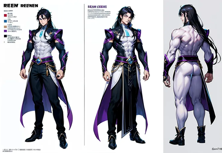 1boy, single, asian boy, reference sheet, oerfect face, hansome face, character design, front angle, side angle, rear angle, dynamic poses, (masterpiece:1.2), (best quality:1.3), 1.85 tall, shaved, ice fantasy outfit, muscle body, athletic body. (Purple ey...