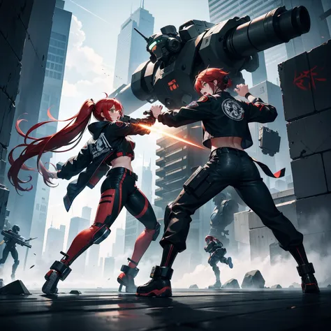 Full body shot, female asian Irina Shidou red hair twintails green eyes, in a cyberpunk city, wearing a bomber jacket and crop top and denim shorts, fighting a humanoid robot android with metal chrome exterior, holding a big machine gun, holding a long las...