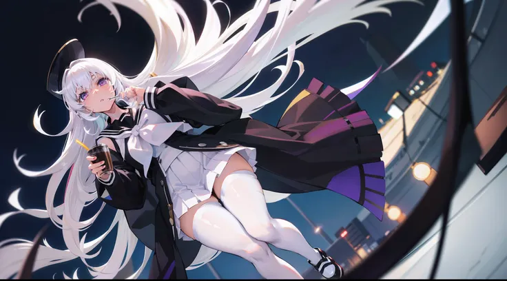 Long white hair, Deep purple eyes, Black pleated skirt，Inside was a white sailor suit，Wearing black pantyhose, Plump body, An anime character, Only one person，Drinking brown drinks on the street