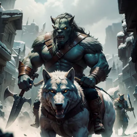 Orc soldiers，Riding a wolf，Armed with a giant axe