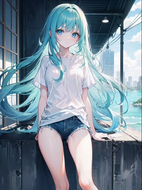 1girl, long ocean green hair, blue eyes, wearing plain white shirt, denim shorts, city, absurdness, high res, ultrasharp, 8K, masterpiece, looking at viewer