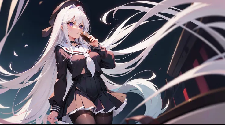 Long white hair, Deep purple eyes, Black pleated skirt，Inside was a white sailor suit，Wearing black pantyhose, Plump body, An anime character, Only one person，Drinking brown drinks on the street