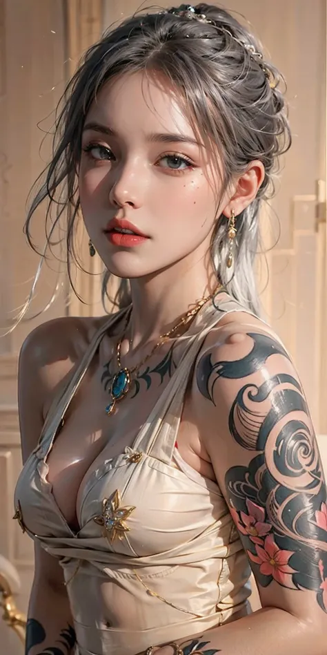 photorealistic, high resolution, soft light,1women, solo, hips up, oil skin, (detailed face), jewelry, tattoo, thick clothing,