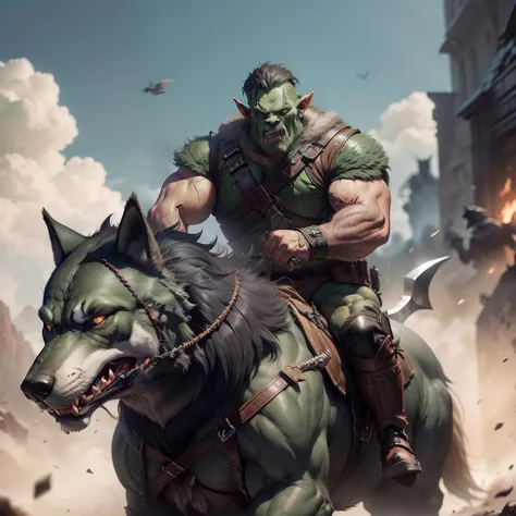 Orc soldiers，riding wolf，Armed with a giant axe