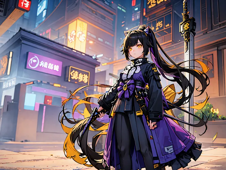 female, beautiful face, black long 1 pigtail hair, emo hair, holding a sword, yellow eyes, standing at village, purple strict sa...