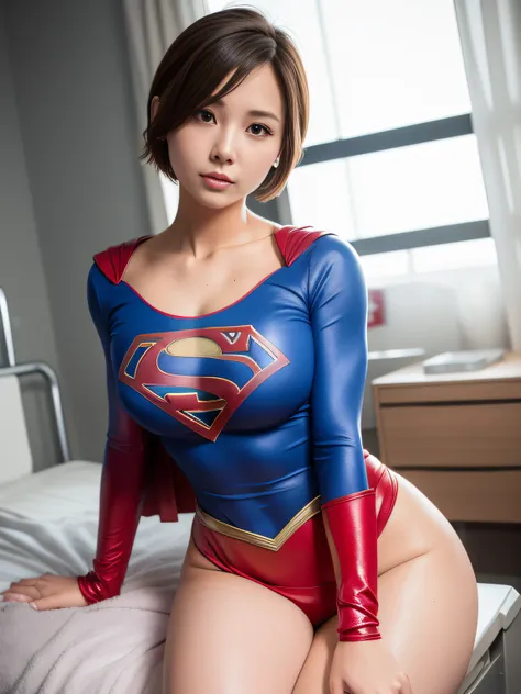 ​masterpiece,Supergirl Costume, short-hair, bare-legged, large full breasts,surgery room、Operating table、straddle、depraved、shiny、Looking at the camera、seduces