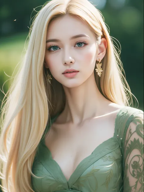 (masterpiece:1.4, best quality), (intricate details), unity 8k wallpaper, ultra detailed, beautiful and aesthetic, (photo)perfect lighting, (1girl),((blonde hair, green eyes:1.3, flat_chest)), dynamic pose, dynamic angle,  lipstick, slim, slim body, detail...