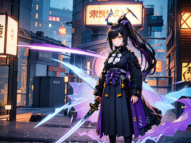 Female, beautiful face, black Long 1 pigtail hair, emo Hair, Holding a sword, yellow eyes, Standing at village, purple Strict samurai suit, Long black leggings, frost element, frost effect, frost particles, masterpiece