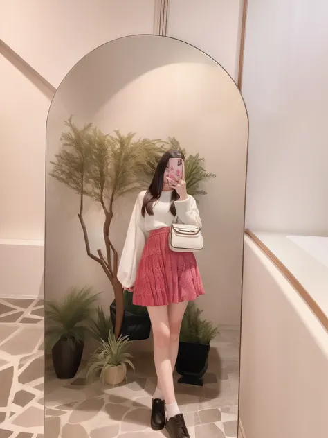 araffe woman taking a picture of herself in a mirror, 🤬 🤮 💕 🎀, 1 8 yo, ulzzang, 😭 🤮 💕 🎀, full body picture, plaid skirt, cute girl, Middle metaverse, loli, profile pic, 👁🌹👾, rin, katelynn mini cute style