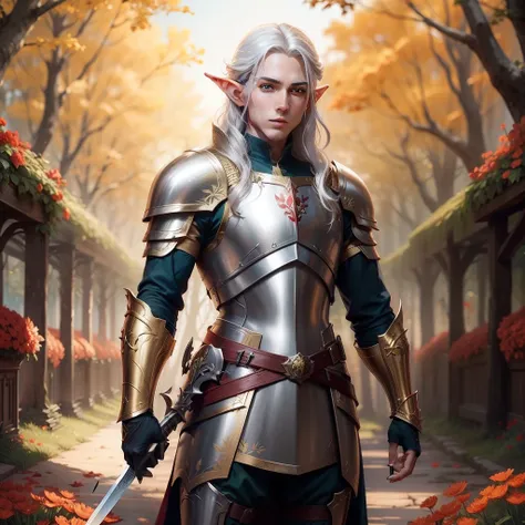 a male elf，holding a longsword，Golden armor，silver helmets，forest backgrou，Red flowers