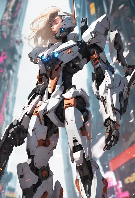 A close-up of a person in a suit with a sword, female mecha, raiden metal gear, ferra white mecha, girl in mecha cyber armor, High quality digital concept art, epic sci-fi character art, epic scifi character art, Mechanized Valkyrie girl, ethereal and mech...