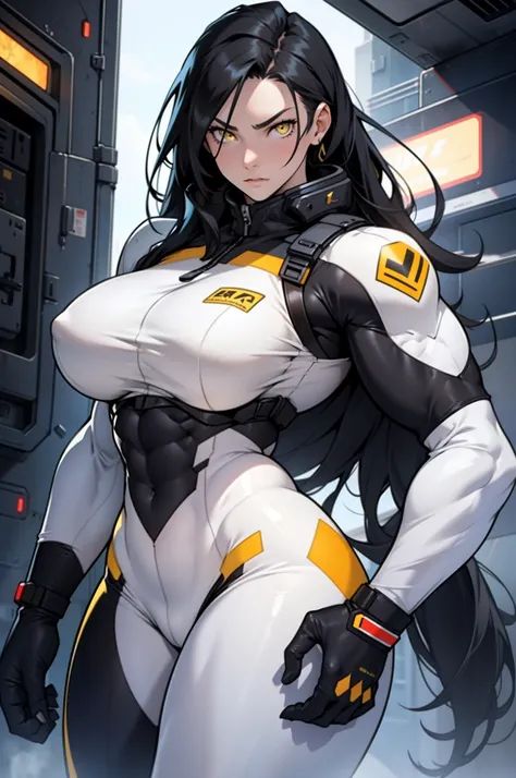 1 girl, black hair, yellow eyes, very long hair, pale skin, curvy, ((((extremely muscular)))), large breasts, (confident expression), pilot suit