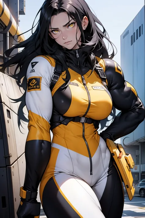 1 girl, black hair, yellow eyes, very long hair, pale skin, curvy, ((((extremely muscular)))), large breasts, (confident expression), pilot suit