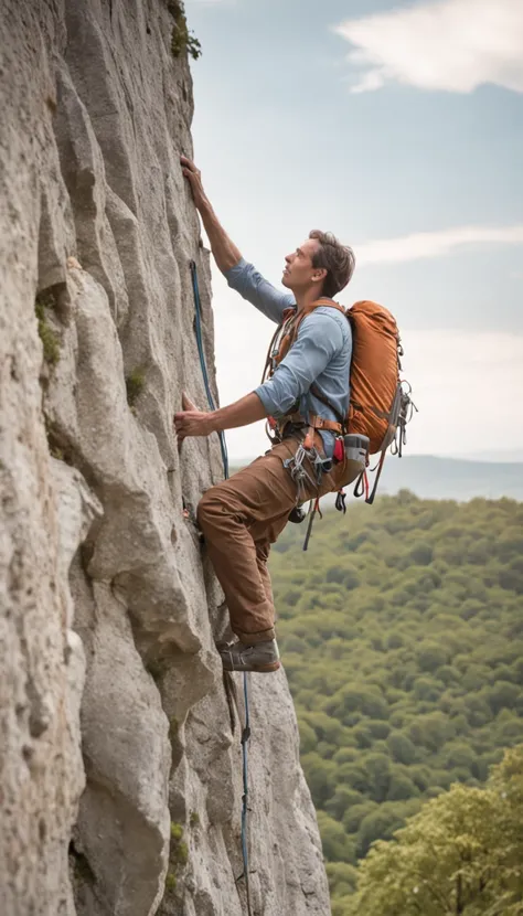 Climber climbing a very steep rocky escarpment